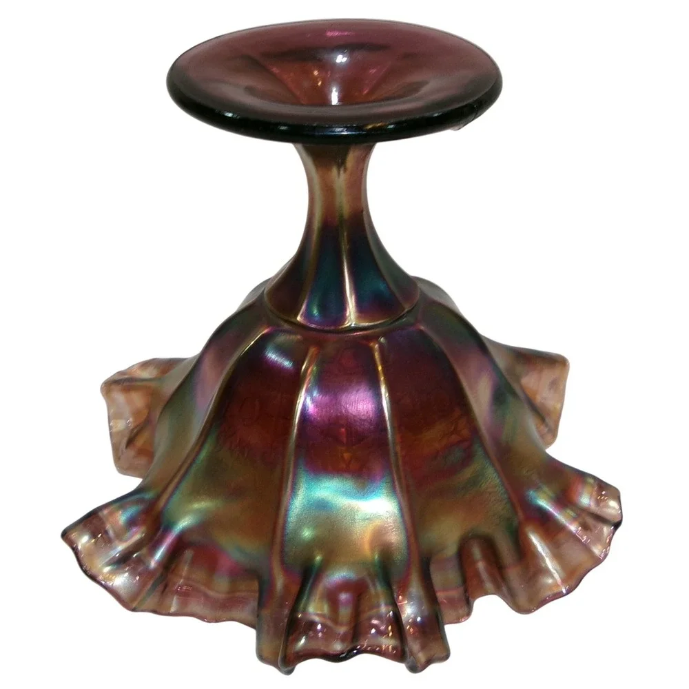 Antique Fenton Amethyst Carnival Glass Captive Rose Ruffled Compote Dish